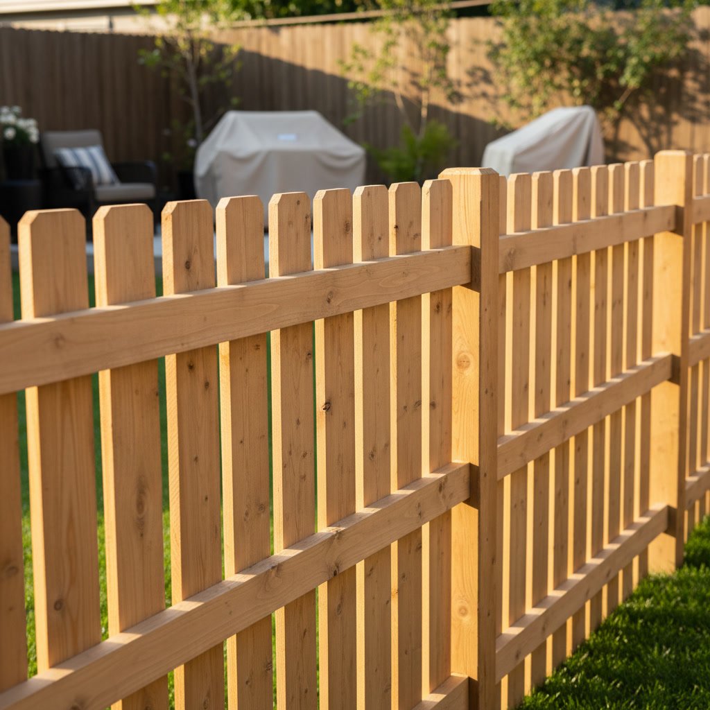 Wood privacy fence panels with level posts in Carrollton residential backyard
