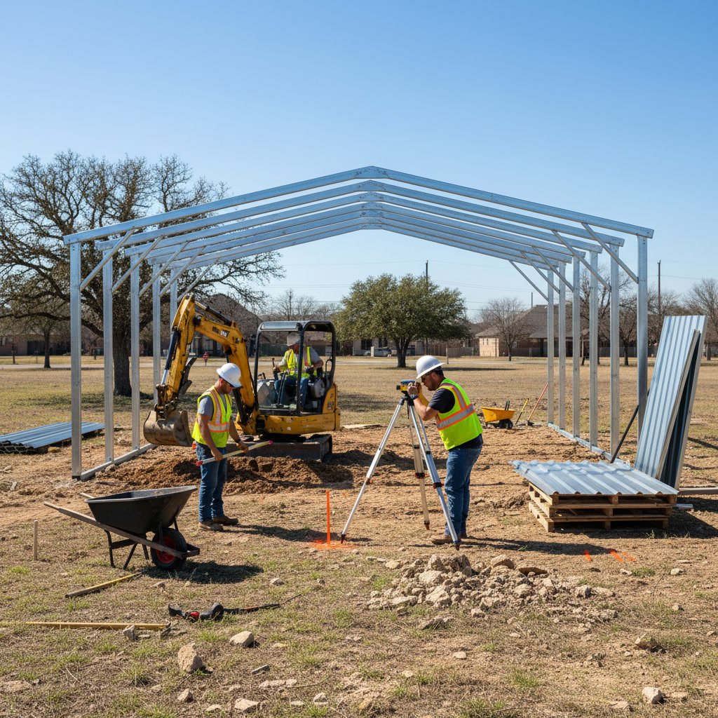 Metal carport foundation and anchoring system being installed in Farmers Branch