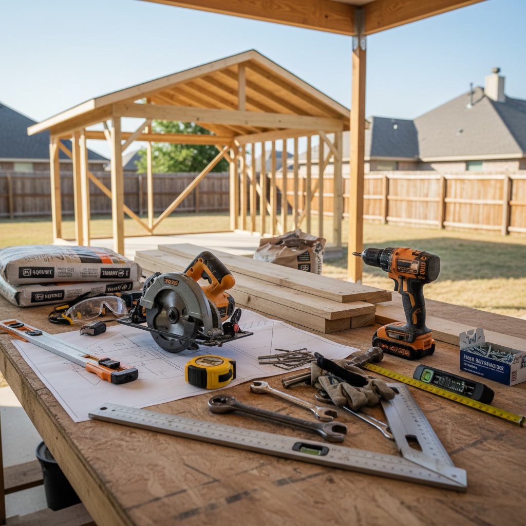 DIY carport construction showing concrete footings and vertical support posts