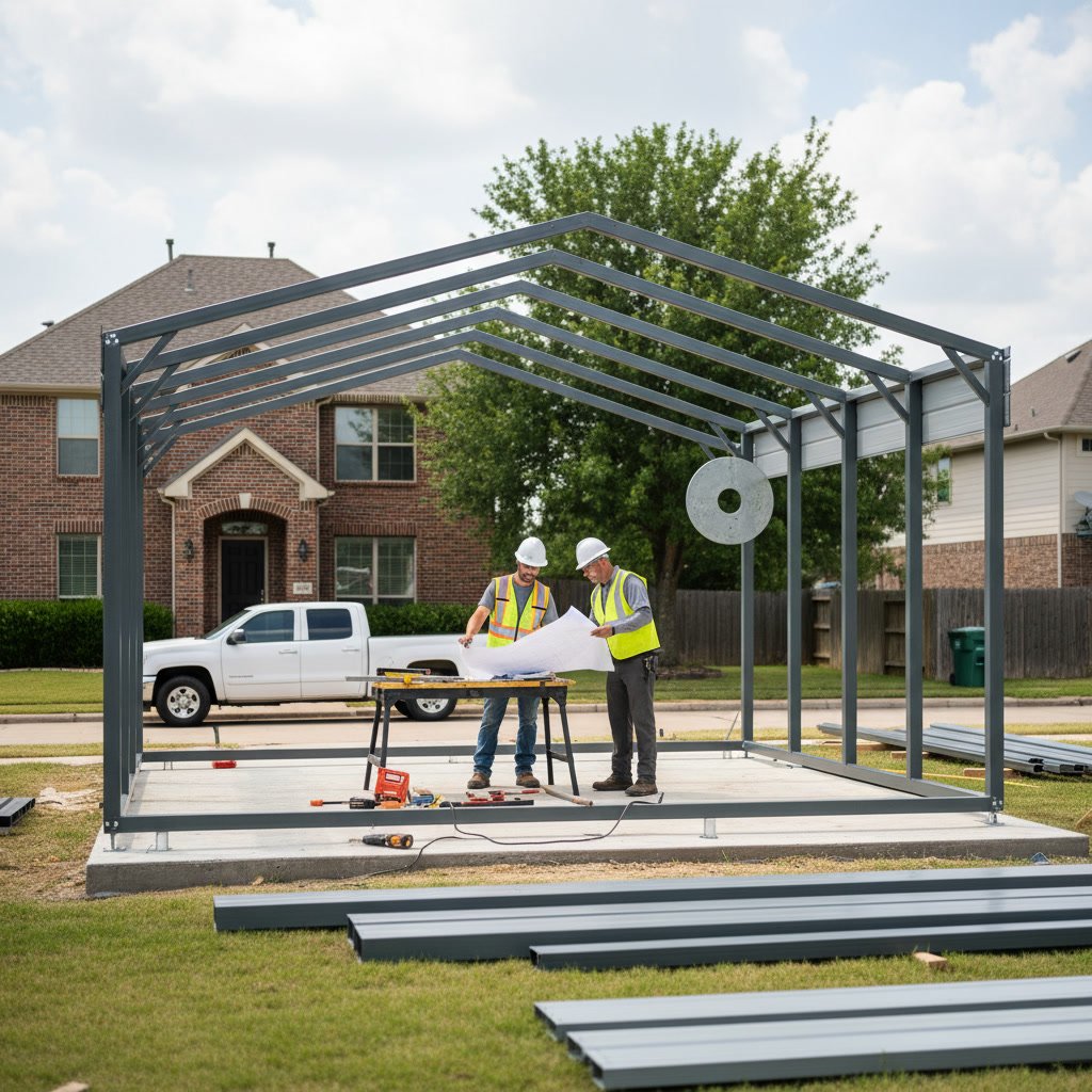 Completed metal carport in Farmers Branch showing quality construction and proper installation