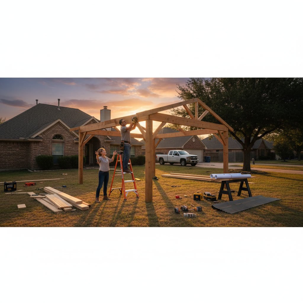 Residential carport construction in progress in Plano Texas neighborhood