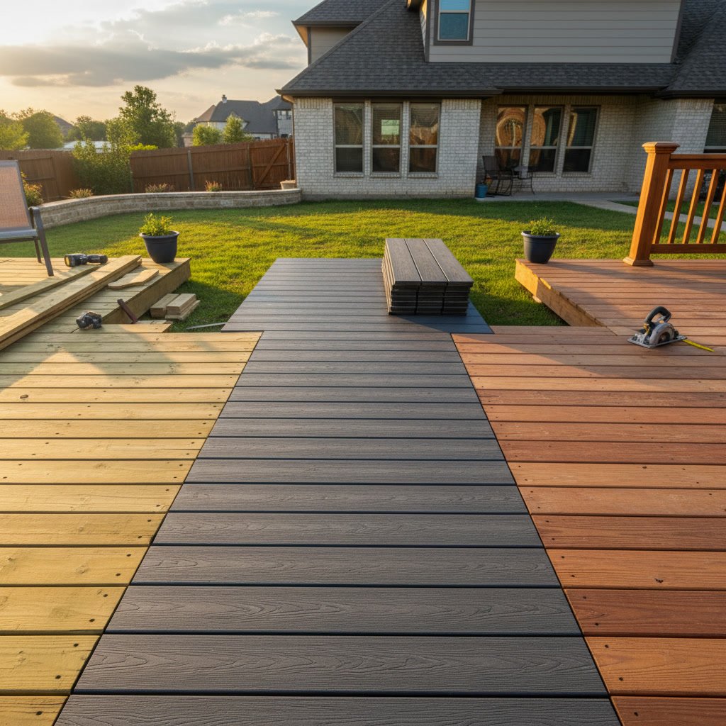 Wooden deck construction in Irving Texas showing framing and material options