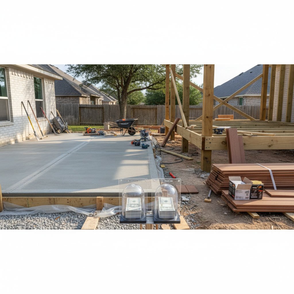 Concrete patio installation in Plano backyard showing smooth finish