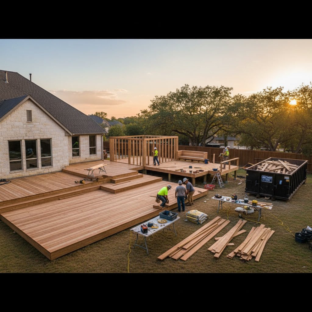 New wooden deck construction in Farmers Branch backyard showing framing and boards