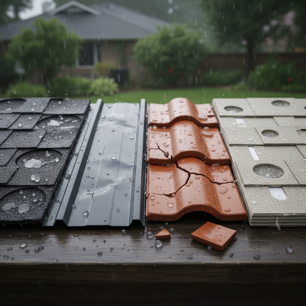 Hail damaged asphalt shingles showing missing granules and dents