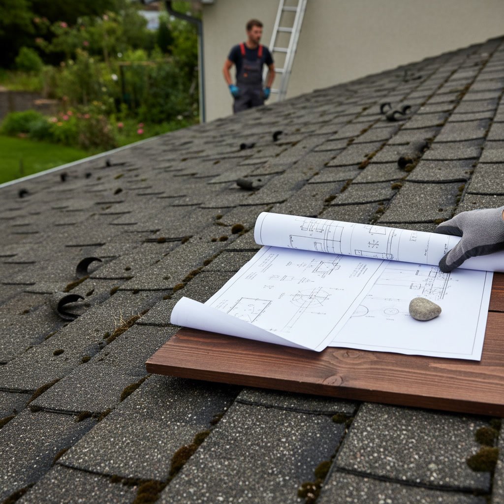 Close-up of asphalt shingles showing curling edges and granule loss indicating roof replacement needed