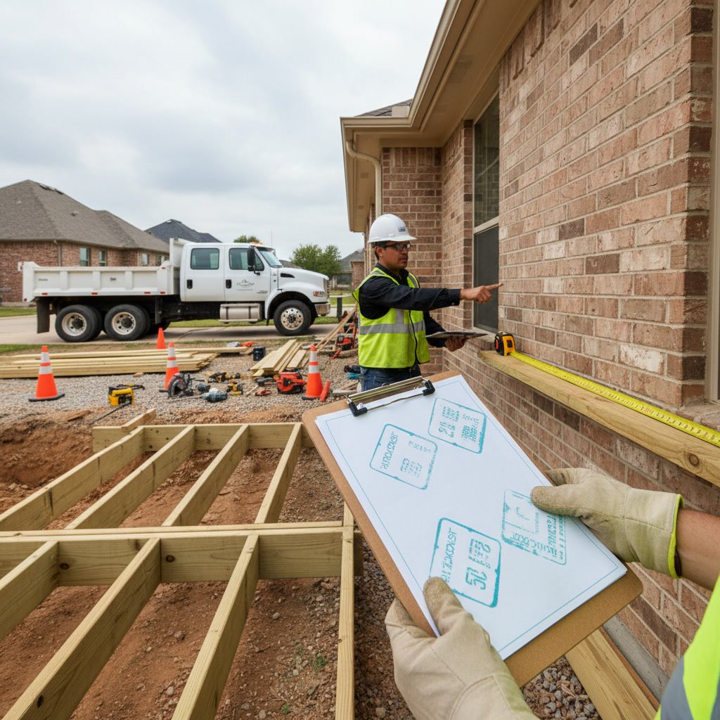 Deck installation showing proper footings and framing in Irving TX
