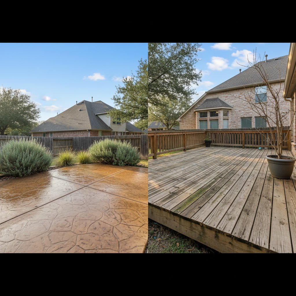 Side by side comparison of wood deck and concrete patio in Plano yard