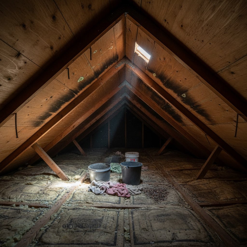 Attic interior showing water stains on roof decking indicating roof damage and need for replacement
