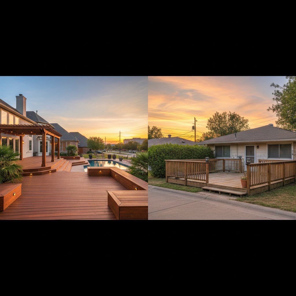 Completed composite deck in Irving Texas backyard with furniture