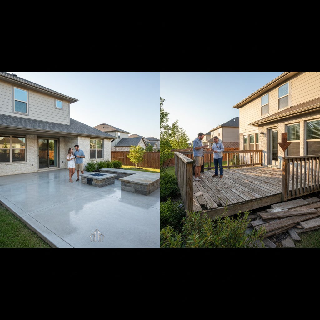 Finished concrete patio with outdoor furniture in North Texas home