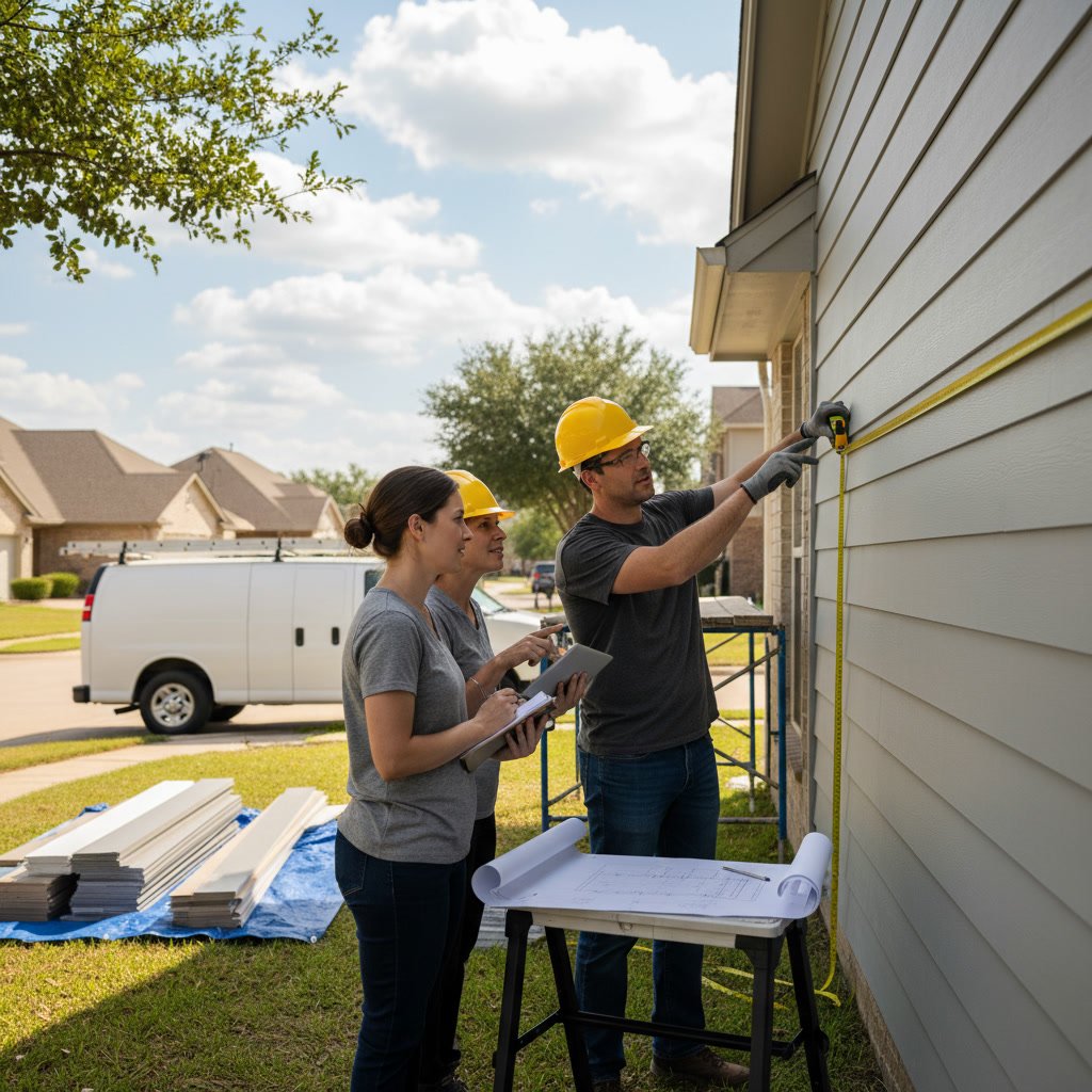 professional siding contractor measuring home exterior in The Colony