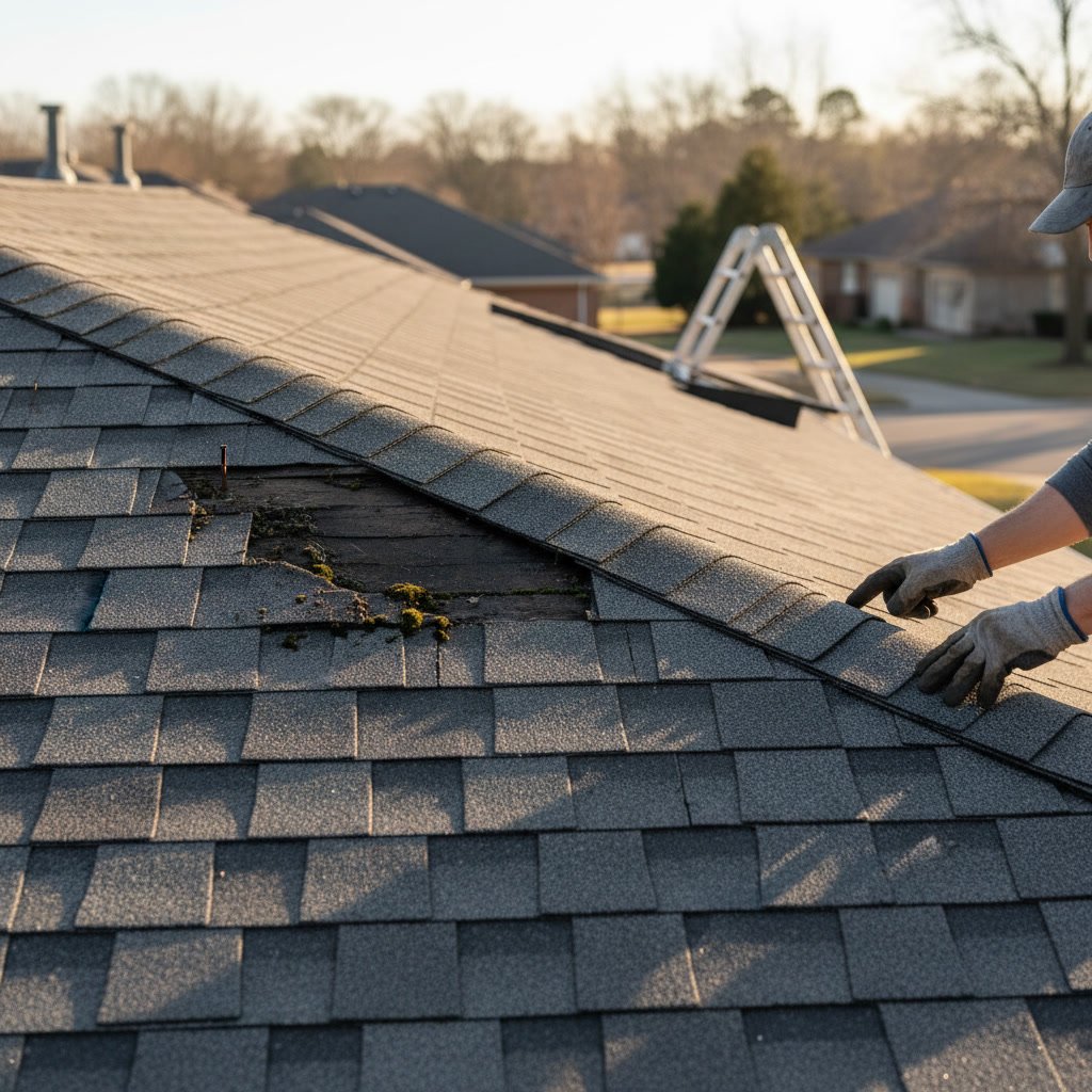 Worker installing asphalt shingles on residential roof deck