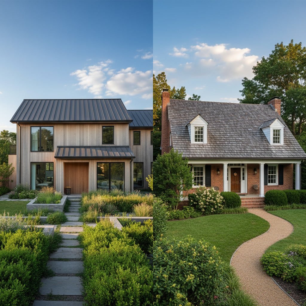comparison of metal and asphalt roofing on similar homes
