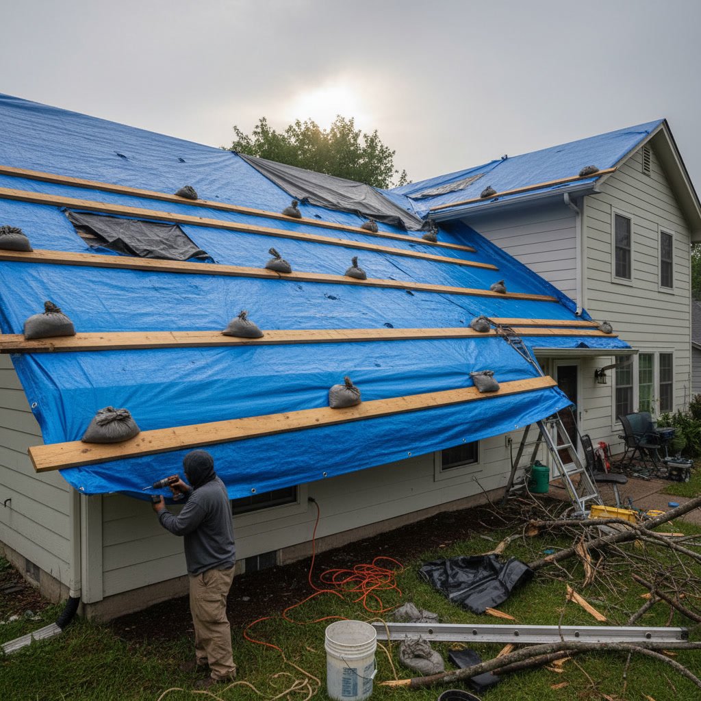 Temporary roof tarp covering storm damaged section to prevent leaks