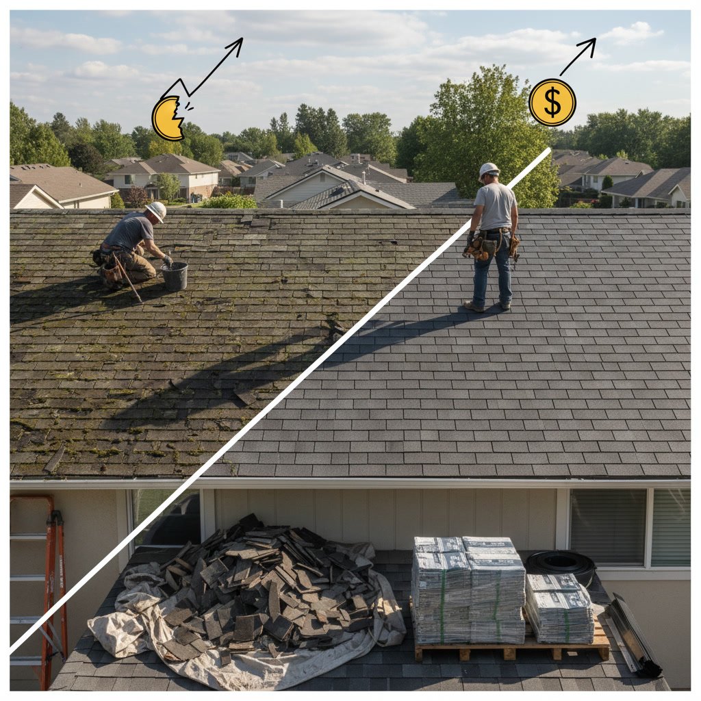 Professional roofer inspecting damaged asphalt shingles and roof condition