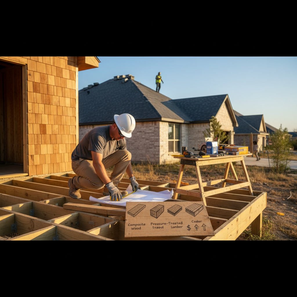 New wooden deck construction in Irving Texas residential backyard