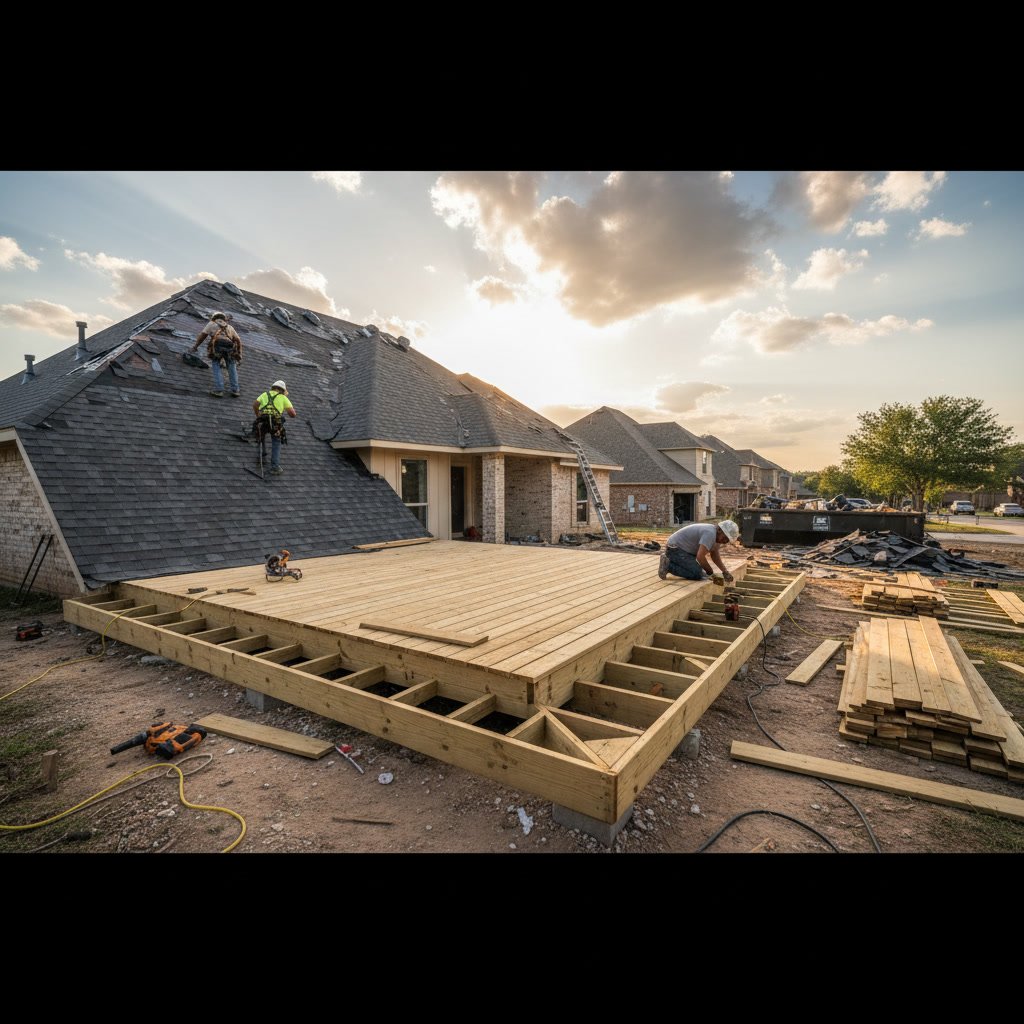 Beautiful wooden deck with outdoor furniture in Farmers Branch Texas backyard