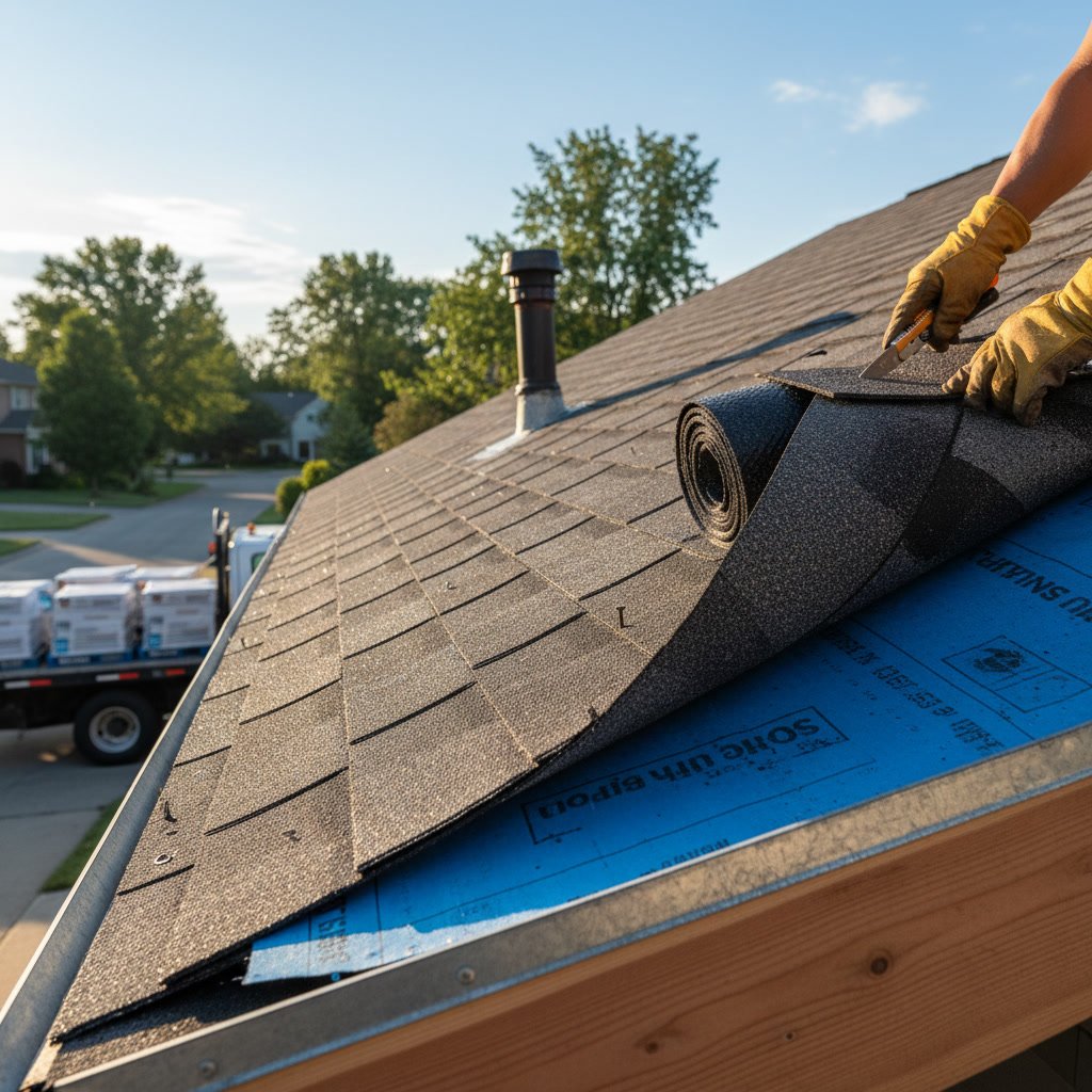 Asphalt shingle roof installation showing overlapping layers and proper technique
