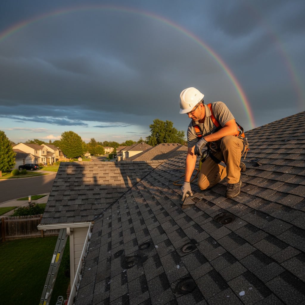 Residential roof inspection after hailstorm showing damaged shingles