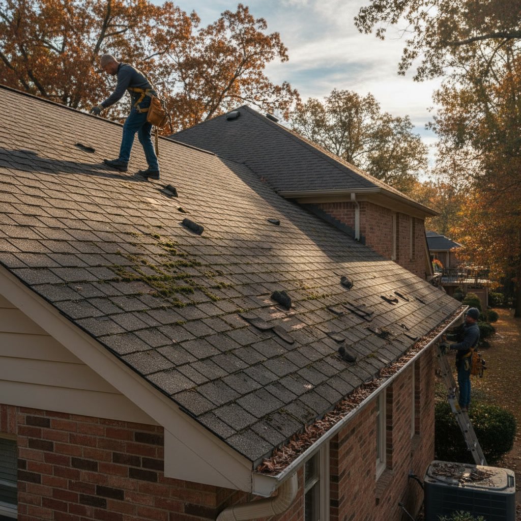 Residential roof with visible shingle damage and aging requiring replacement inspection